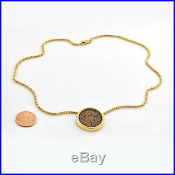 Handcrafted 14 k Round Bezel Housed An Ancient Roman Branze Coin 18 14k Chain