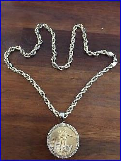Heavy 14k Solid Gold Diamond Cut Rope Chain with 1oz. 22k Gold Eagle Coin Pendant