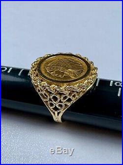 Intricate Antique 1911 Genuine $2.50 Indian Head Gold Coin in 14k Ring Size 6.75