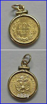 J990 Vintage 1945 DOS Pesos Mexico Gold Coin in 14k Solid Yellow Gold Bezel