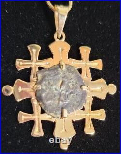 Jerusalem Cross 14k Yellow Gold Pendant & 14K Gold Chain With Widows Mite Coin