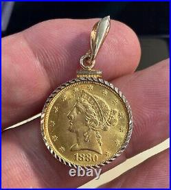 Jewelry Coin $5 Gold piece in 14k Diamond cut bezel