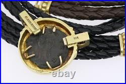 Judith Ripka Necklace Pendant 18k Yellow Gold Coin Diamond Black & Brown Leather