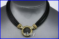 Judith Ripka Necklace Pendant 18k Yellow Gold Coin Diamond Black & Brown Leather