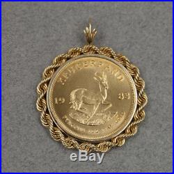 Krugerrand South African 1983 Coin 1 oz 22K Yellow Gold Pendant With14K Rope Bezel