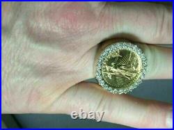 LADY LIBERTY COIN RING 2CT Round Real Moissanite 14K Yellow Gold Silver Plated