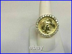 LADY LIBERTY COIN RING 2CT Round Real Moissanite 14K Yellow Gold Silver Plated