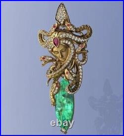 Lab-Created 4.10Ct Emerald Marquise Medusa pendant 14K Yellow Gold Silver Plated