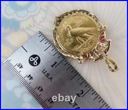Lab Created Ruby 1915 US Ten Dollar Indian Head Coin Pendant 14k Yellow Gold FN