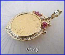 Lab Created Ruby 1915 US Ten Dollar Indian Head Coin Pendant 14k Yellow Gold FN