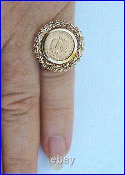 Ladies Genuine Two Peco Mexican Coin Ring with Fancy Framing- 14 Karat Yellow Gold