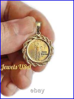 Lady Liberty Gold Coin Pendant American Eagle 14k Yellow Gold Rope Chain Frame
