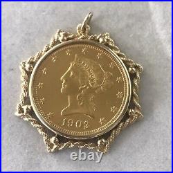 Lady Liberty Gold Coin Pendant Free Chain 14k Yellow Gold Plated Without Stone