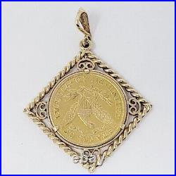 Lady Liberty Gold Coin Shape With Rope Bezel Pendant 14k Yellow Gold Plated