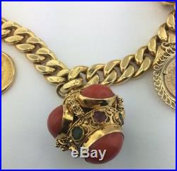 Lady's Antique 18k yellow gold HEAVY curb link charm bracelet with coins & Coral
