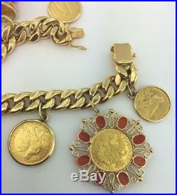 Lady's Antique 18k yellow gold HEAVY curb link charm bracelet with coins & Coral