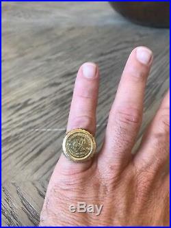 Large 14K round mens ring with a 1/10 krugerrand 1980 coin. Unique design heavy