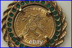 Liberty Coin In 14k Bezel With Green Emerald Pendant With 14k Yellow Gold Over