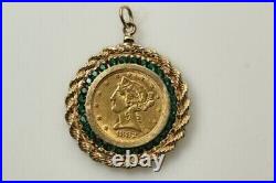 Liberty Coin In 14k Bezel With Green Emerald Pendant With 14k Yellow Gold Plated