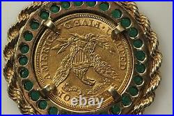 Liberty Coin In 14k Bezel With Green Emerald Pendant With 14k Yellow Gold Plated