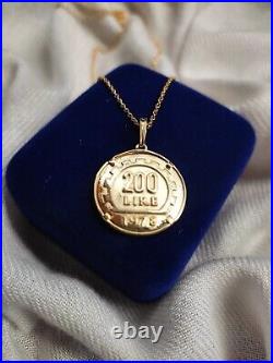 Lire Coin With Bezel Custom Pendant Chain 14k Yellow Gold Plated Without Stone
