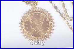Magnificent 1895 $20 Gold Liberty Head Coin 24 Rope Chain 14K Bezel Necklace
