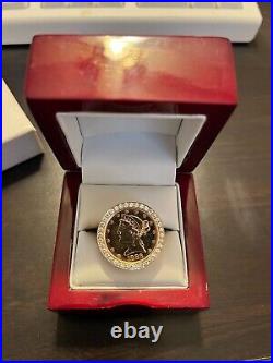Mens 14k solid gold coin ring with diamonds 1888 US $5 Liberty Head Half Eagle