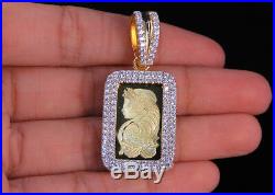 Mens Yellow Gold Finish Lady Fortuna Coin Bar Frame Lab Diamond Pendant 1.75