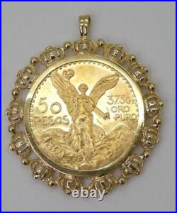Mexican 50 Peso Gold Coin in Custom Year Charm Pendant 14k Yellow Gold Finish