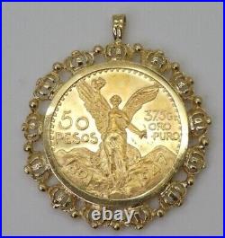 Mexican 50 Peso Gold Coin in Custom Year Charm Pendant 14k Yellow Gold Over