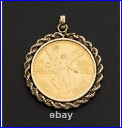 Mexican 50 Pesos Gold Coin Shape With Rope Bezel Pendant 14k Yellow Gold Over