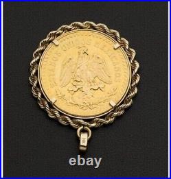 Mexican 50 Pesos Gold Coin Shape With Rope Bezel Pendant 14k Yellow Gold Over