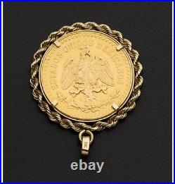 Mexican 50 Pesos Gold Coin Shape With Rope Bezel Pendant 14k Yellow Gold Plated