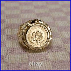 Mexican Dos Coin Shape Men's Wedding Signet Nugget Ring 14k Yellow Gold Plated