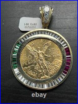 NEW 14k Yellow Gold 18.3 Grams Mexican Flag Centenario 50 Peso Coin Bezel CZ