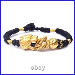 NEW Pure 24K Yellow Gold Tiger with Coin Lucky Bead Black Cord Knitted Bracelet