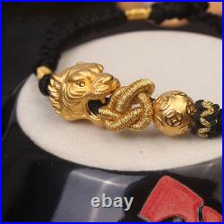 NEW Pure 24K Yellow Gold Tiger with Coin Lucky Bead Black Cord Knitted Bracelet