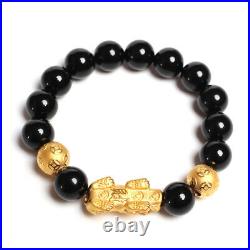 NEW Pure 24K Yellow Gold Wealth Pixiu Coin Bead with Black Agate Beads Bracelet