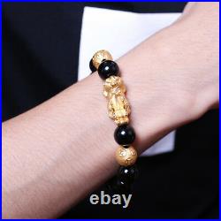NEW Pure 24K Yellow Gold Wealth Pixiu Coin Bead with Black Agate Beads Bracelet