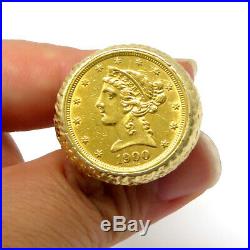 NYJEWEL 14k Yellow Gold Liberty Head $5 Five Dollar Gold Coin Ring