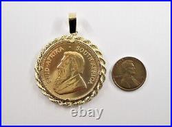 One Ounce Krugerand Gold Coin in 14K Yellow Gold Rope Bezel Pendant