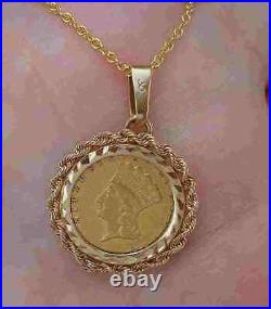 Pre-Civil War 23K Gold Coin 1856 $1 Princess Head Pendant Necklace 14K YG