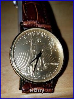 Pre-Owned Vintage Solid 14kt Yellow Gold Lady Liberty Coin Brown Leather Watch