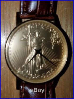 Pre-Owned Vintage Solid 14kt Yellow Gold Lady Liberty Coin Brown Leather Watch