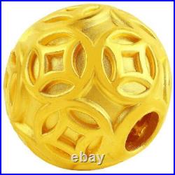 Pure 999 24K Yellow Gold Unisex 3D Bless Money Coin Ball Transfer Bead Pendant