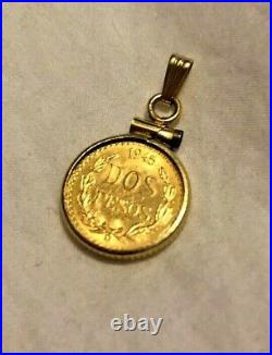 RARE 14K YELLOW GOLD 14MM COIN PENDANT With a 22KT GOLD MEXICAN DOS PESOS COIN