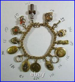 RARE Victorian Charm Bracelet with 23K, 18K, 14K, 10K Charms 36. G COIN LOVE TOKEN