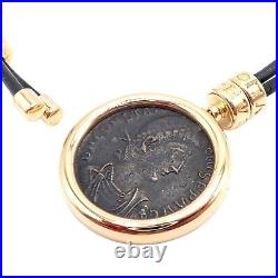 Rare! Bvlgari Bulgari Monete Coin 18k Yellow Gold Black Leather Lariat Necklace
