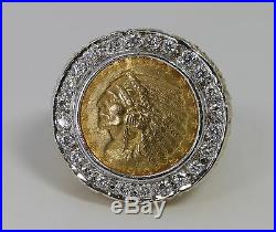 Rare Estate 14k Solid Ring with 1910 Quarter Eagle 2.5 Indian Coin & 25 Diamonds