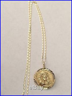 Real 14K Yellow Gold Jesus Face Coin Pendant Charm with Gucci Chain 20 Inch